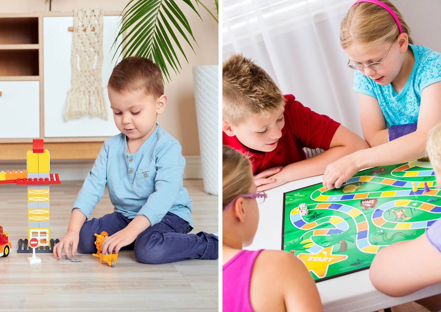 An older child building a complex model next to a younger child in imaginative play, showing different gift needs by age.