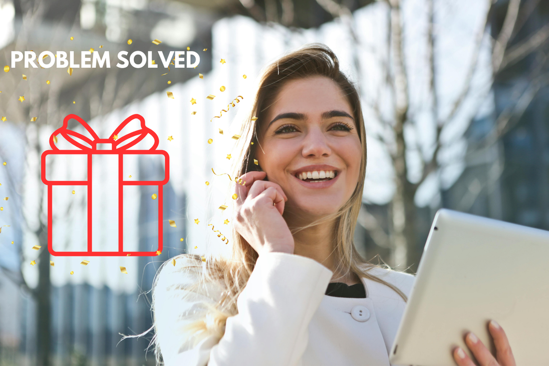 A relieved person smiling while successfully sending a last-minute digital gift from their phone.