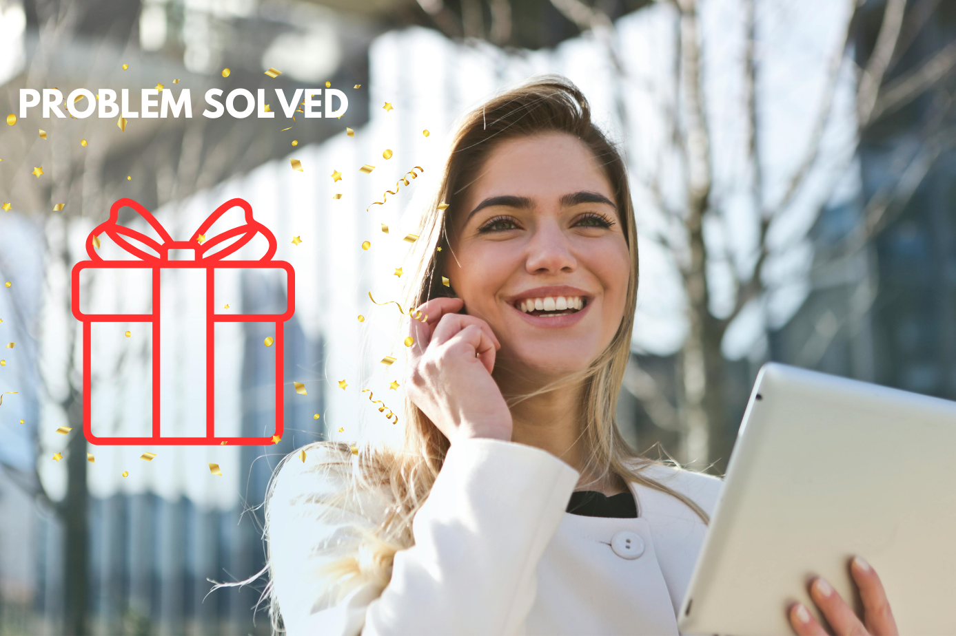 A relieved person smiling while successfully sending a last-minute digital gift from their phone.