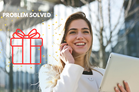 A relieved person smiling while successfully sending a last-minute digital gift from their phone.